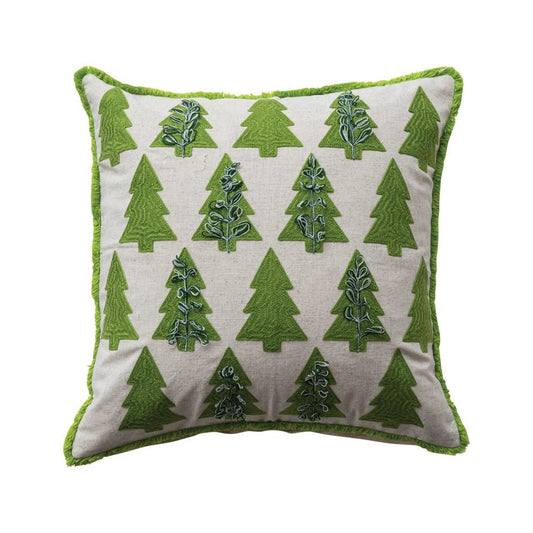 Square Pillow with Embroidered Trees Pattern & Eyelash Fringe - La Vie Est Belle