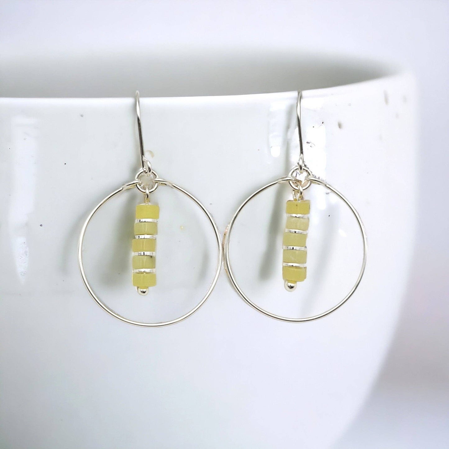 Sterling Silver Hoop Earrings with Lemon Yellow Jade - La Vie Est Belle