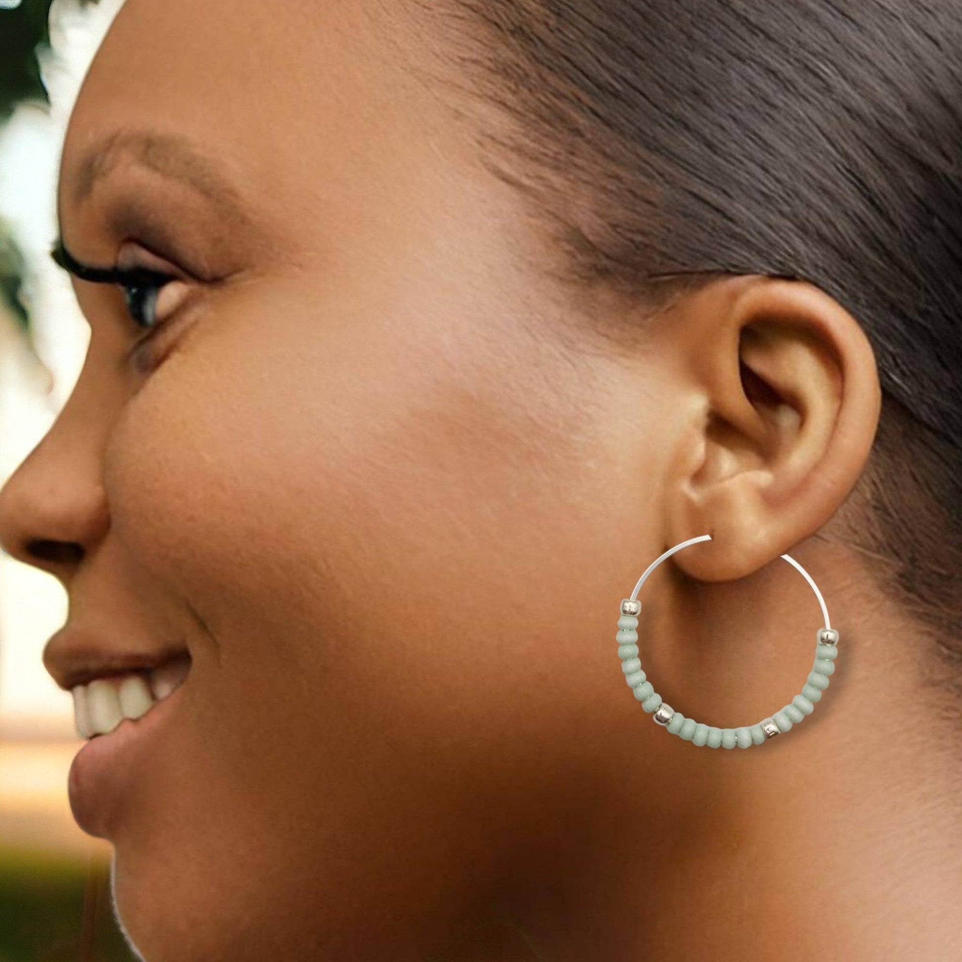 Sterling Silver Hoop Earrings with Pale Mint Green Seed Bead - La Vie Est Belle