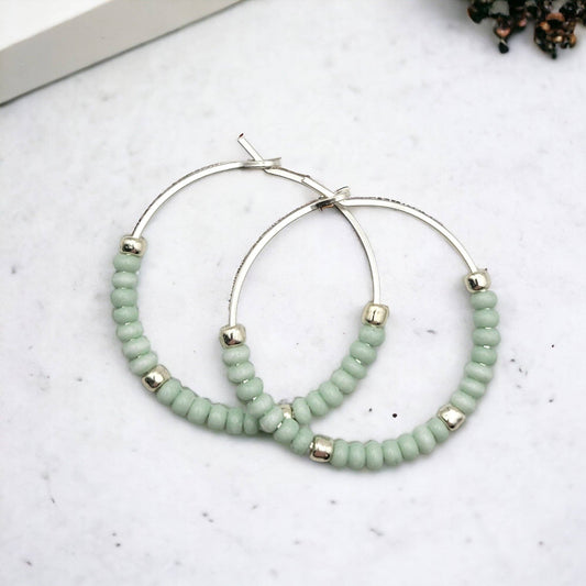 Sterling Silver Hoop Earrings with Pale Mint Green Seed Bead - La Vie Est Belle