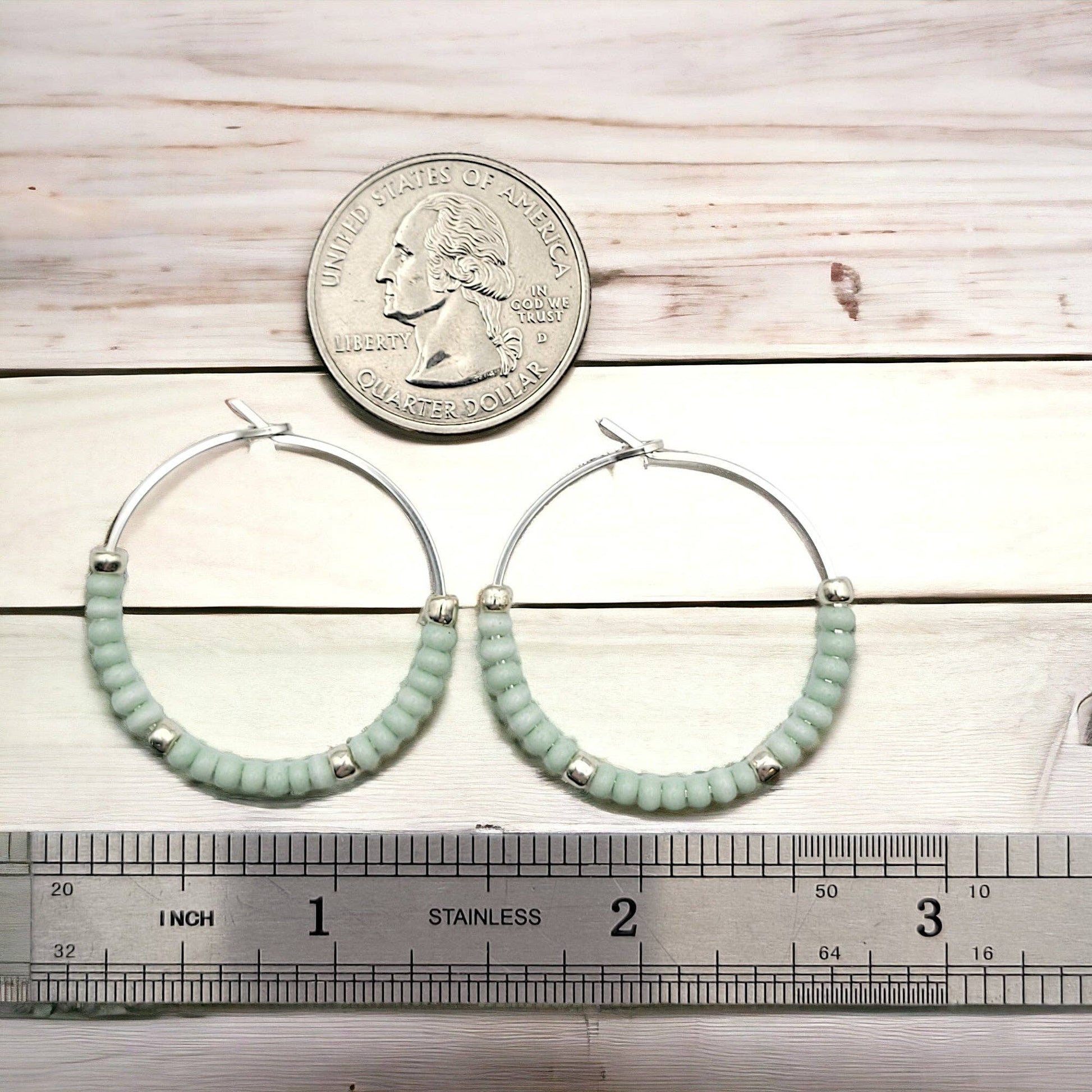 Sterling Silver Hoop Earrings with Pale Mint Green Seed Bead - La Vie Est Belle