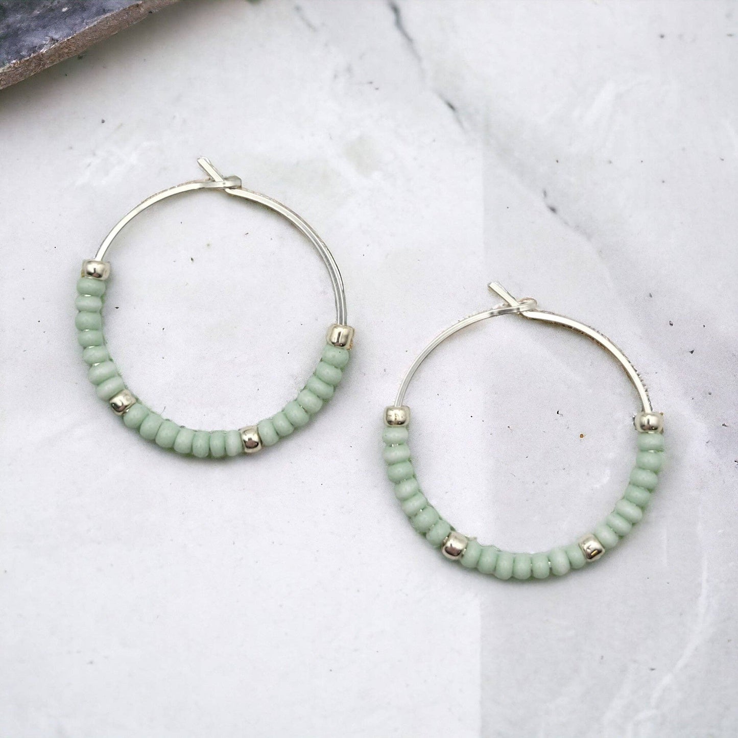 Sterling Silver Hoop Earrings with Pale Mint Green Seed Bead - La Vie Est Belle