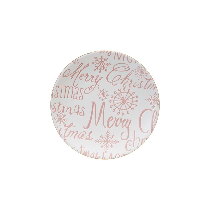 Stoneware Plate with Gold Color Rim "Merry Christmas", Pink & White - La Vie Est Belle