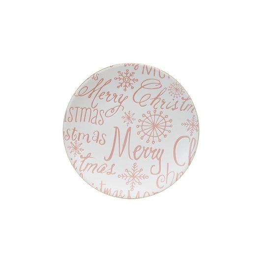 Stoneware Plate with Gold Color Rim "Merry Christmas", Pink & White - La Vie Est Belle