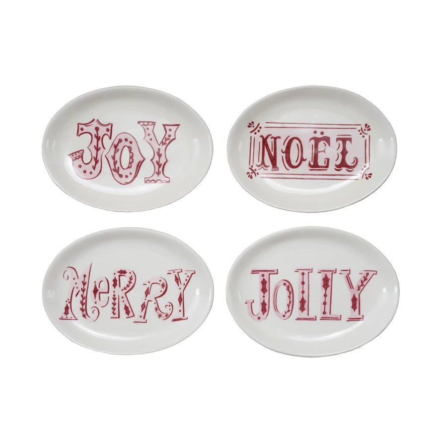 Stoneware Plate with Holiday Word, Pink, Red & White, 4 Styles - La Vie Est Belle