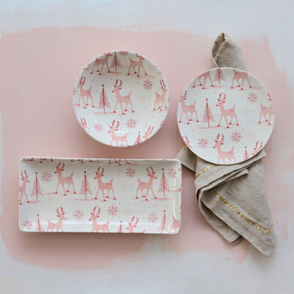 Stoneware Plate with Reindeer, Trees & Snowflakes Pattern, White & Pink - La Vie Est Belle