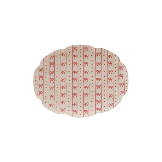 Stoneware Scalloped Platter with Bow Pattern, White & Red - La Vie Est Belle