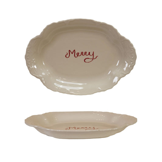 Stoneware Scalloped Platter with Embossed Edge "Merry" - La Vie Est Belle