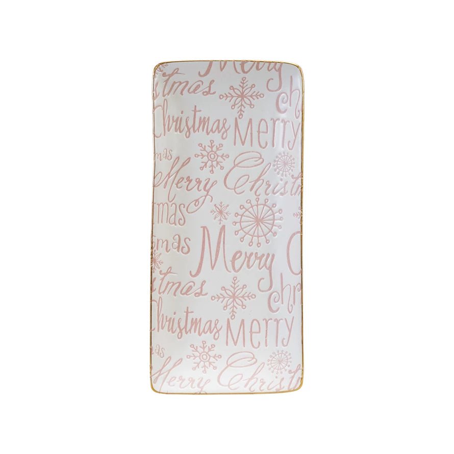 Stoneware Tray with Gold Color Rim "Merry Christmas", Pink & White - La Vie Est Belle