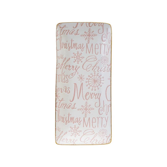 Stoneware Tray with Gold Color Rim "Merry Christmas", Pink & White - La Vie Est Belle