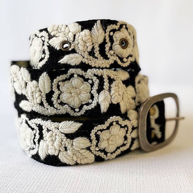 Two-Tone Embroidered Wool Belt, Black/Cream - La Vie Est Belle