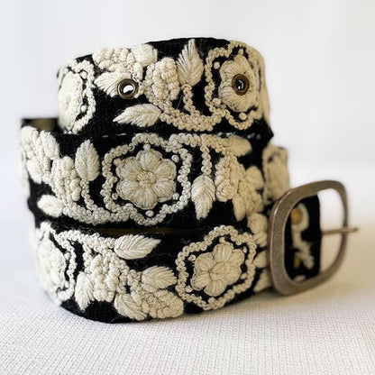 Two-Tone Embroidered Wool Belt, Black/Cream - La Vie Est Belle