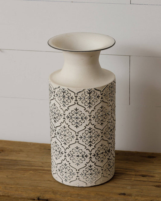 White Embossed Metal Vase - La Vie Est Belle