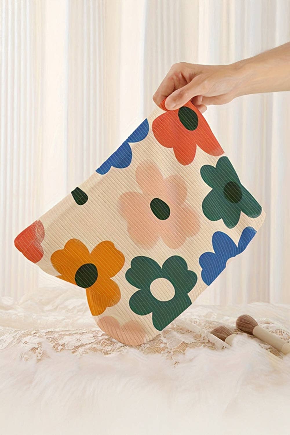 White Floral Print Corduroy Minimalist Storage Bag - La Vie Est Belle