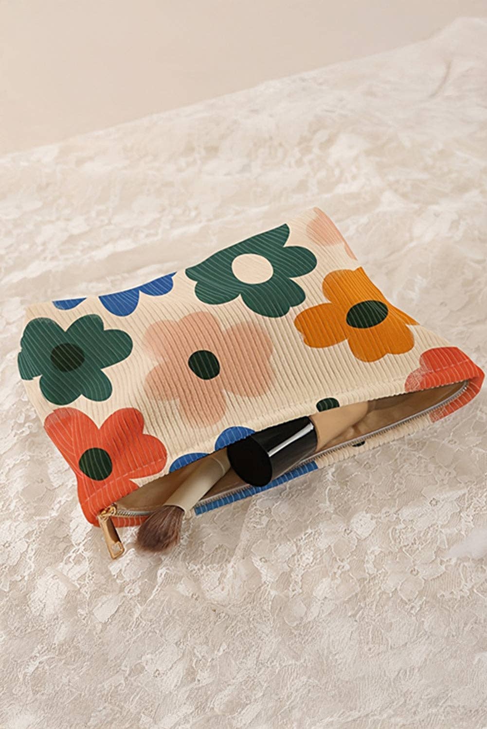 White Floral Print Corduroy Minimalist Storage Bag - La Vie Est Belle