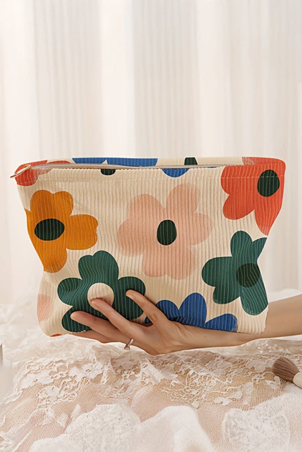 White Floral Print Corduroy Minimalist Storage Bag - La Vie Est Belle