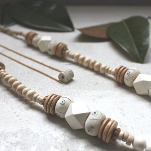 Wood + Bone Bead Statement Necklace - Boho Neutral White - La Vie Est Belle