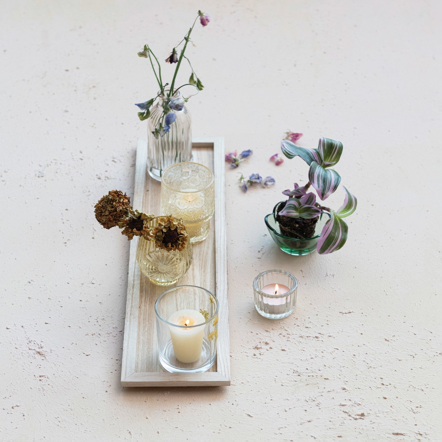 Wood Tray w/ Embossed Glass Tealight/Votive Holders w/ Vase - La Vie Est Belle