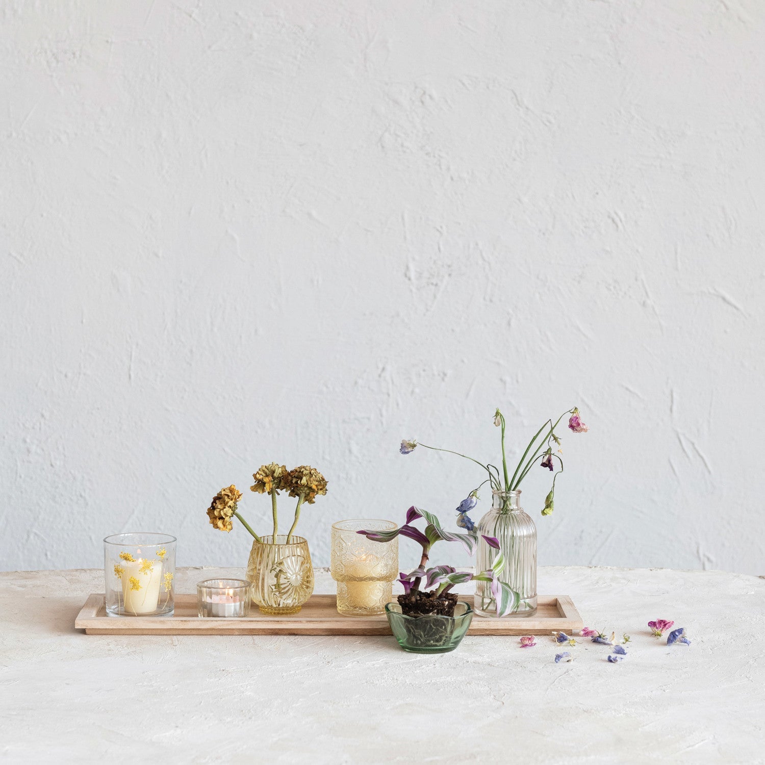 Wood Tray w/ Embossed Glass Tealight/Votive Holders w/ Vase - La Vie Est Belle