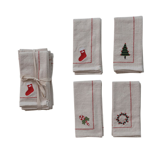 Woven Cotton Napkins with Embroidered Holiday Icons, Set of 4 Tied with Cotton Tape - La Vie Est Belle