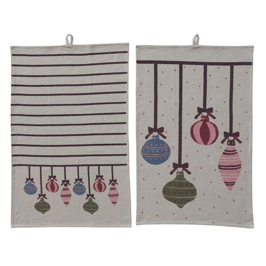 Woven Cotton Printed Tea Towel with Pattern & Ornaments, 2 Styles - La Vie Est Belle
