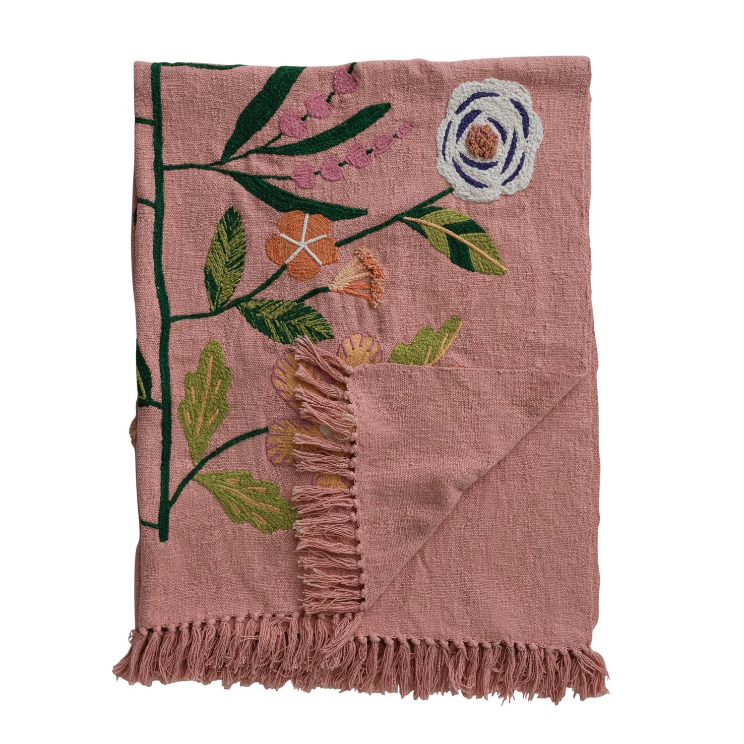 Woven Cotton Throw with Embroidered Flowers & Fringe 60"L x 50"W - La Vie Est Belle