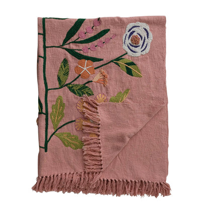 Woven Cotton Throw with Embroidered Flowers & Fringe 60"L x 50"W - La Vie Est Belle