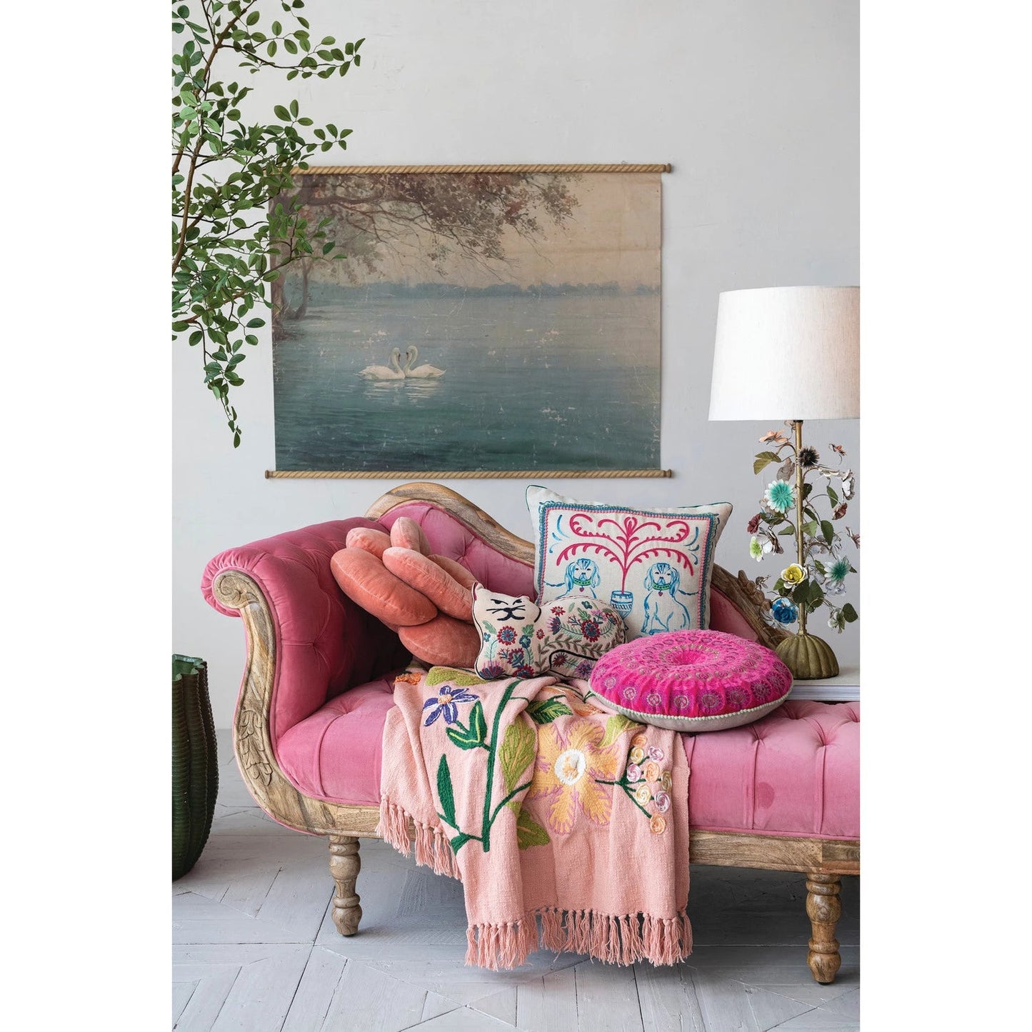 Woven Cotton Throw with Embroidered Flowers & Fringe 60"L x 50"W - La Vie Est Belle