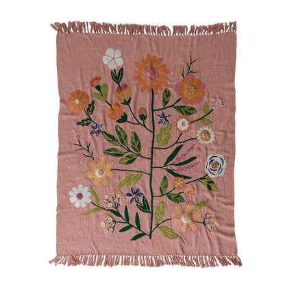 Woven Cotton Throw with Embroidered Flowers & Fringe 60"L x 50"W - La Vie Est Belle
