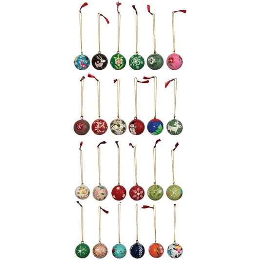 1" Round Hand-Painted Paper Mache Ball Ornaments, Multi Color