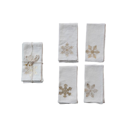 Linen Printed Napkins w/ Gold Foil Snowflake, Set of 4 Bundled w/ Tie