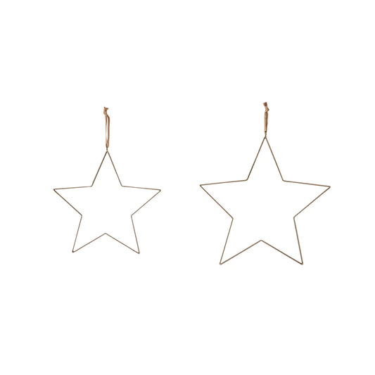 Hanging Metal Stars with Fabric Ribbon, Antique Brass Finish, Set of 2