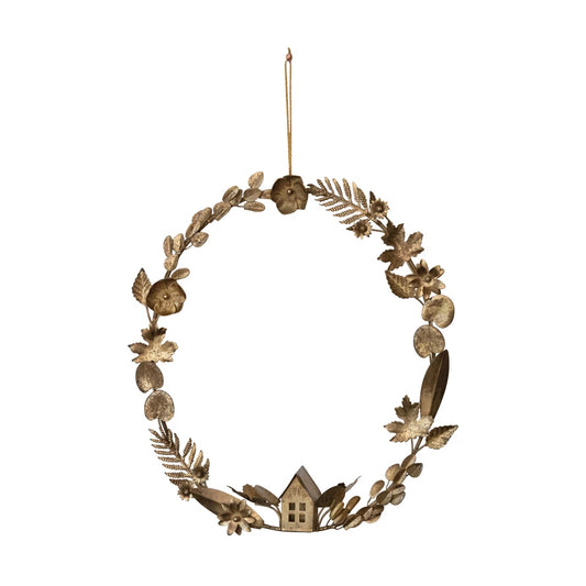 Round Metal Leaves, Flowers, and House Wreath, Antique Gold Finish