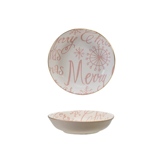 Stoneware Dish with Gold Color Rim "Merry Christmas", Pink & White
