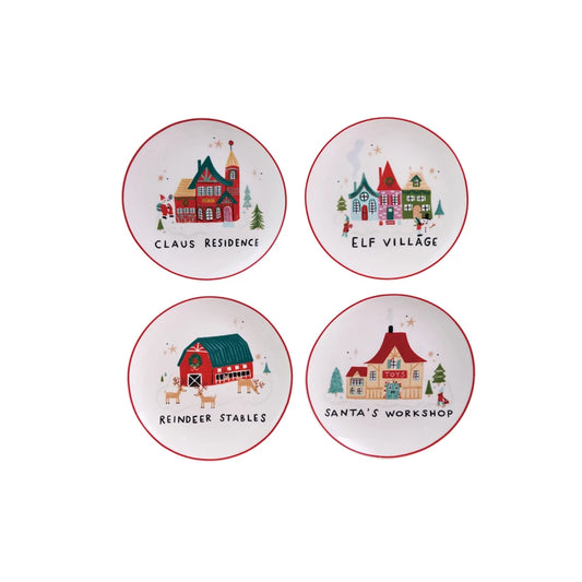 Stoneware Plate with North Pole Village Building, 4 Styles