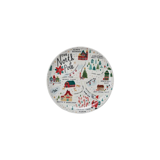 Round Stoneware Plate with North Pole Scene, Multi Color