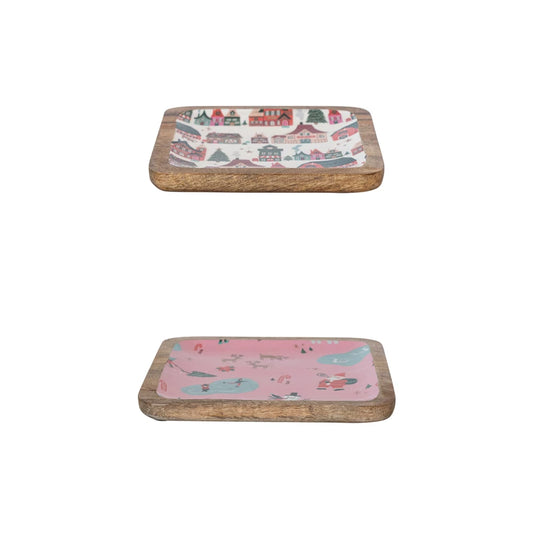 Enameled Mango Wood Trays with North Pole Patterns, Set of 2