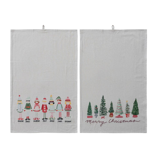 Cotton Printed Tea Towel with Trees/Elves, 2 Styles