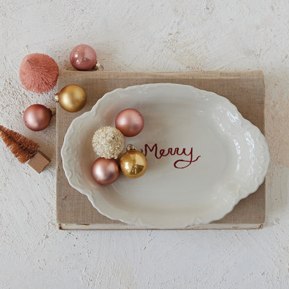 Stoneware Scalloped Platter with Embossed Edge "Merry"