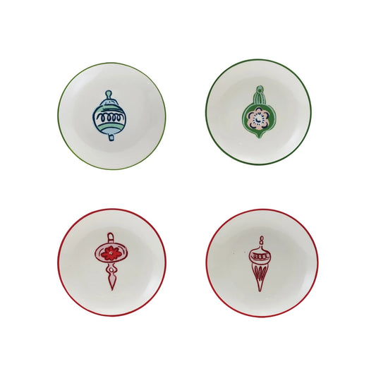 Stoneware Plate with Wax Relief Ornament & Colored Rim, 4 Styles