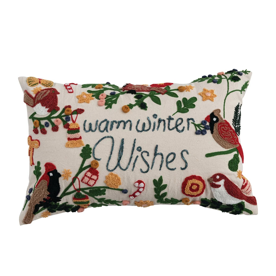 Lumbar Pillow with Tufting & Embroidered Birds "Warm Winter Wishes"