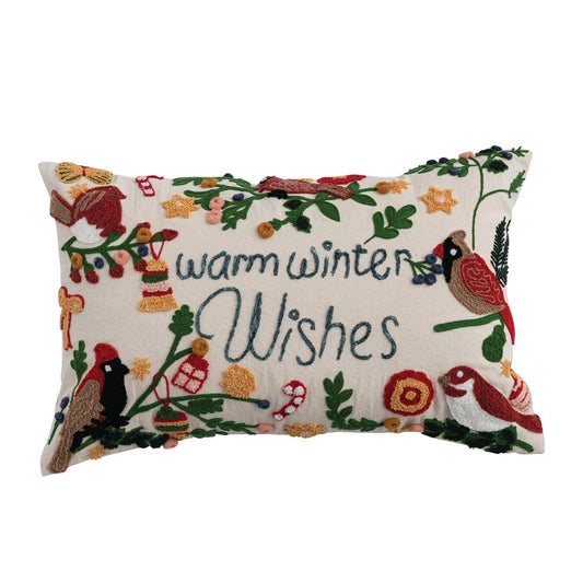 Lumbar Pillow with Tufting & Embroidered Birds "Warm Winter Wishes"