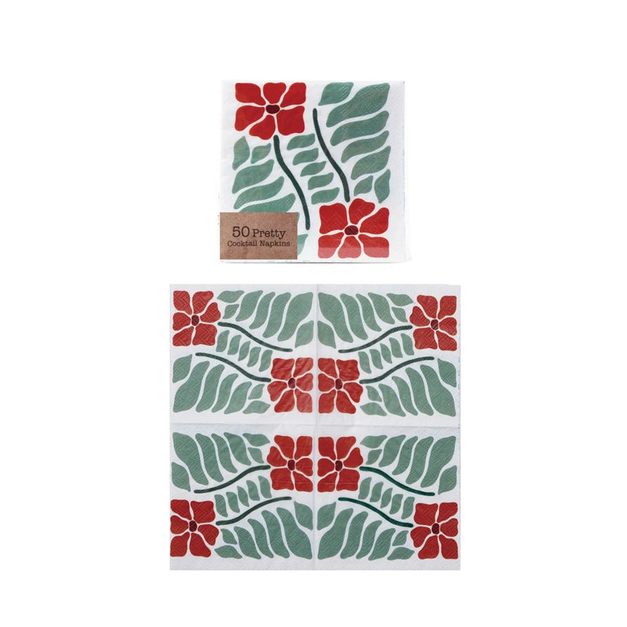Paper Cocktail Napkins with Poinsettias (Contains 50 Folded Pieces)