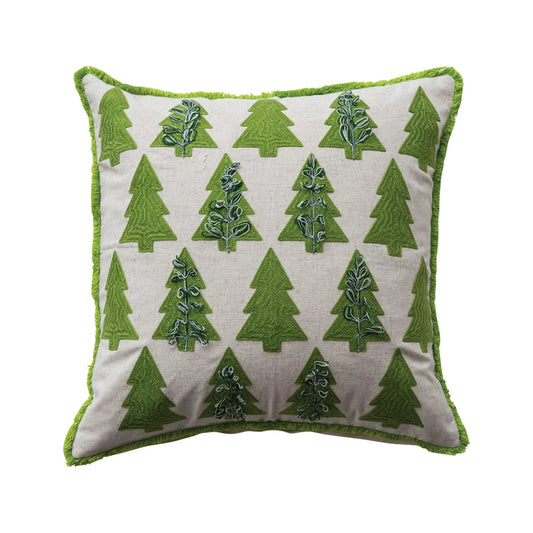 Square Pillow with Embroidered Trees Pattern & Eyelash Fringe