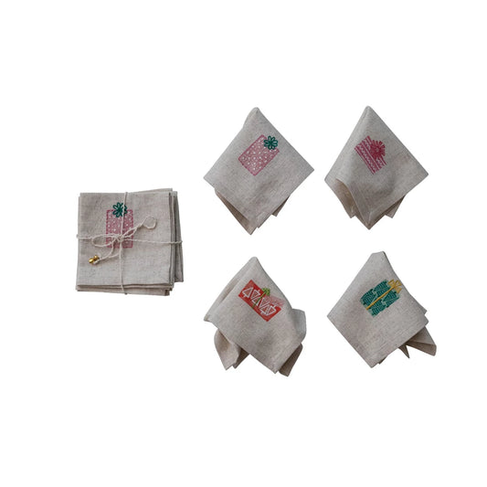 Cocktail Napkins, Set of 4 Tied with Twine & Jingle Bell