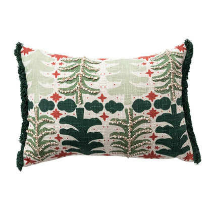 Cotton Slub Printed Lumbar Pillow with Tree Pattern, Embroidery & Tufted Fringe