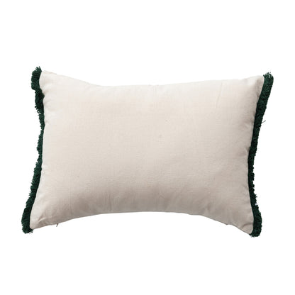 Cotton Slub Printed Lumbar Pillow with Tree Pattern, Embroidery & Tufted Fringe
