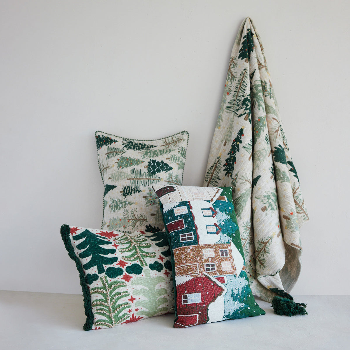 Cotton Slub Printed Lumbar Pillow with Tree Pattern, Embroidery & Tufted Fringe