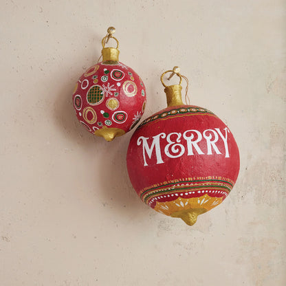 <In Store Purchase Only> Hand-Painted Metal & Paper Mache Ornament, Red & Green