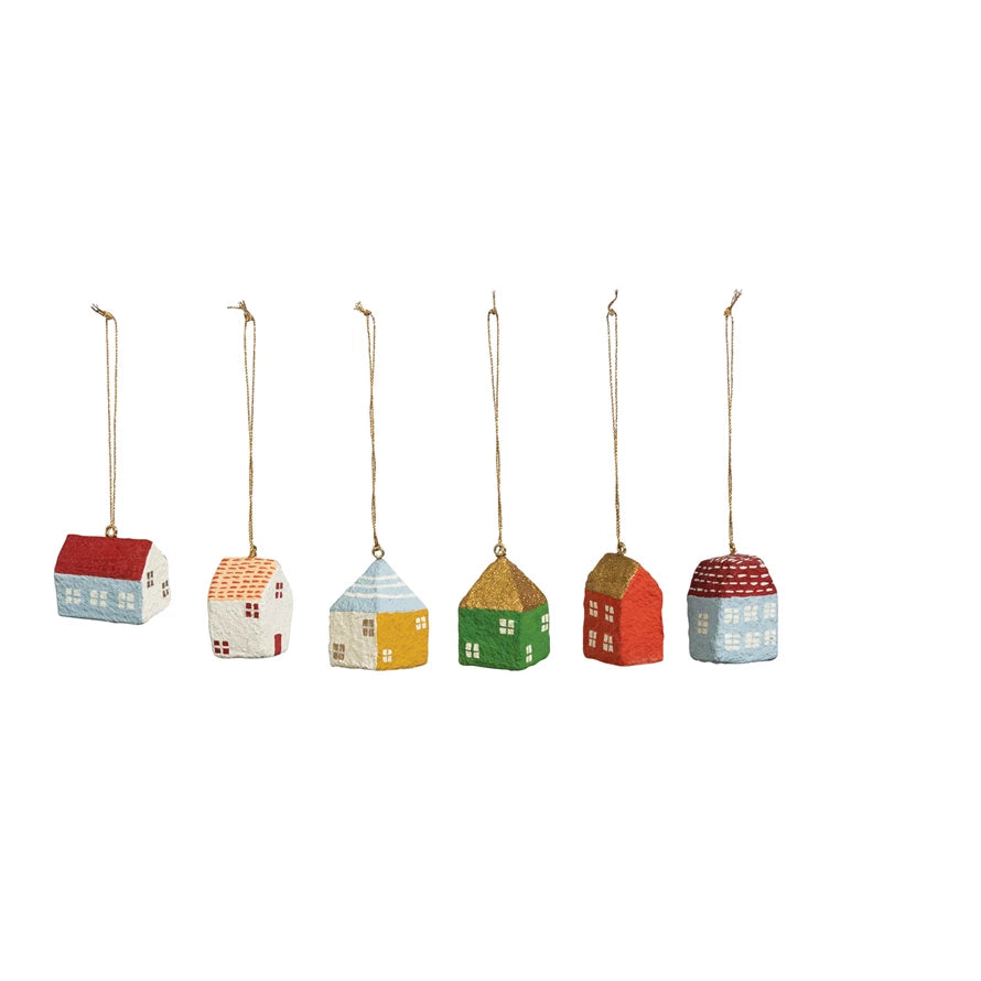 Hand-Painted Paper Mache House Ornament, 6 Styles